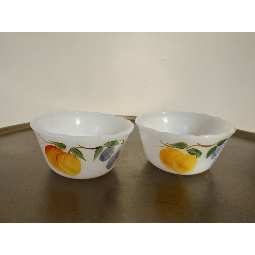 Fire King Vintage Pudding Small Bowls Painted Fruit Milk Glass Lot Of 2 VTG